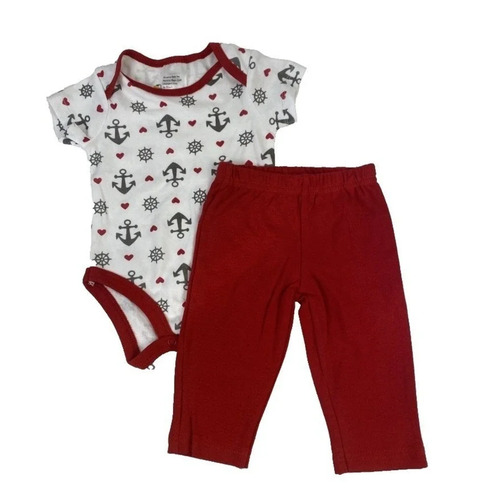 Sleeping Baby Bodysuit Pants Set Kids 3M Red White Nautical Anchor Ship Wheel